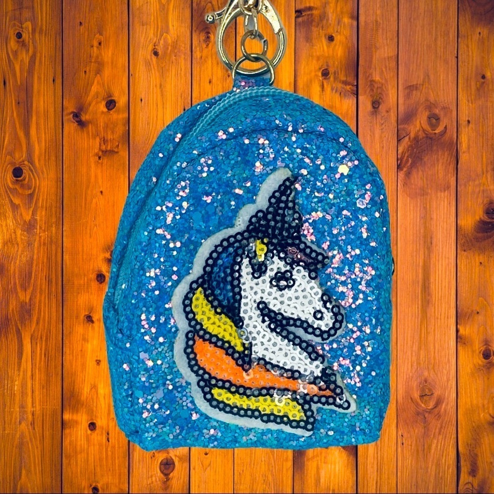 GLITTER UNICORN MINI BACKPACK COIN‎ PURSE CHARM KEYCHAIN IN BLUE